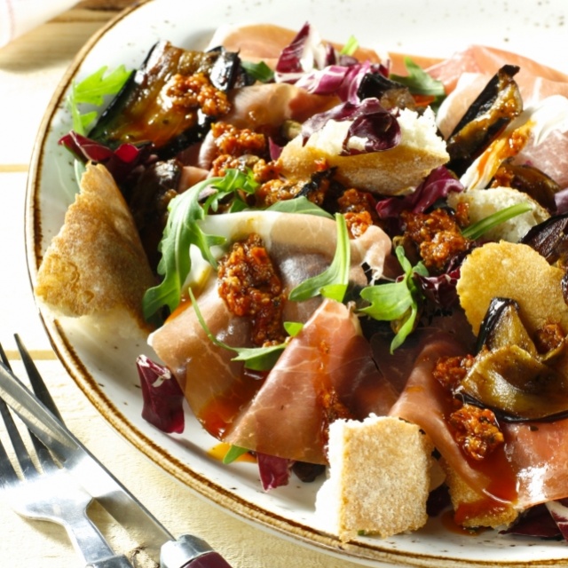 Marinated aubergine salad with Parma ham